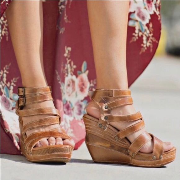Bed Stu Shoes - BED STU CAMEL STRAPPY HIGH HEEL WEDGE SANDALS SZ.8